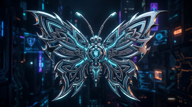 A detailed mechanical butterfly with glowing blue neon circuits set against a dark futuristic digital city background with intricate metallic textures