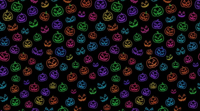 Neon glowing jack o lantern pumpkins pattern for halloween holiday celebration