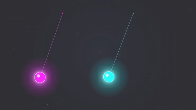 Two glowing pendulums, one pink and one teal, swing in a dark space, creating a sense of motion and mystery.