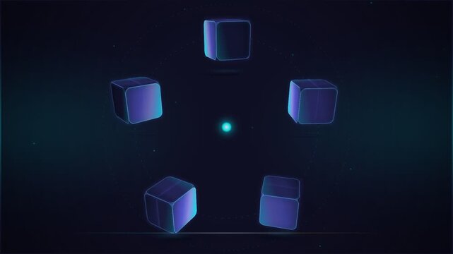 A surreal digital art piece featuring five glowing cubes arranged in a circular pattern around a central glowing dot, set against a dark, abstract background