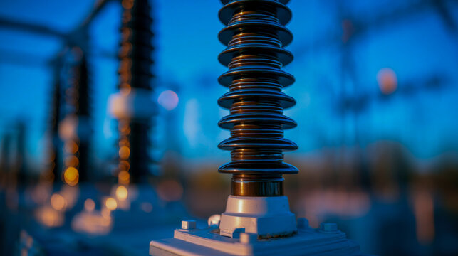 Close-up of a high-voltage electrical insulator at a power substation, representing electricity transmission, grid infrastructure, engineering and energy distribution