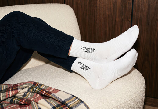 Person on Sofa crew Socks Design Branding Mockup