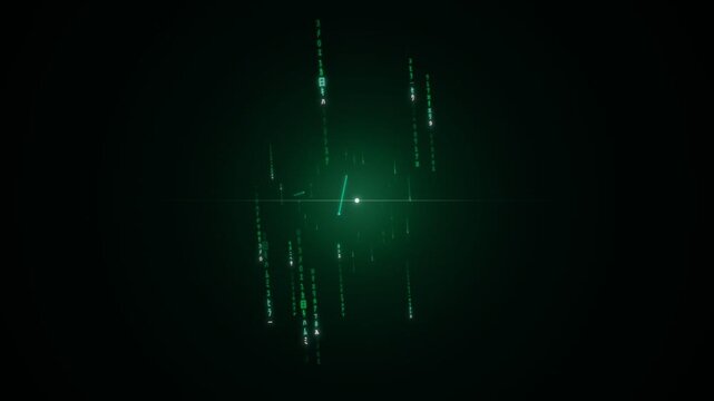 Digital data streams forming a luminous cluster against a dark backdrop. The green light suggests a futuristic or technological theme