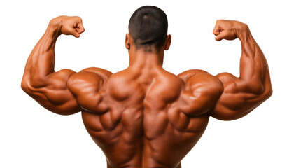 Obraz premium a back facing view of a professional builder performing a double back bicep pose,
