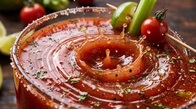  Bloody Mary. A savory tomato cocktail splashes in a glass. Its rim is coated with a spicy salt crust. Bloody Mary preparation and brunch drink culture define this macro cocktail concept for menus.