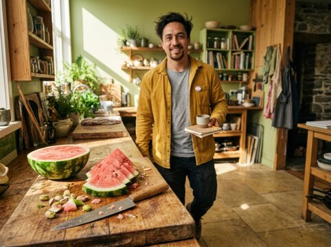 Watermelon preparation in a bright home kitchen with smiling man