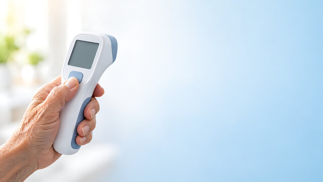 Elderly person hand holding digital infrared thermometer for fever screening medical checkup