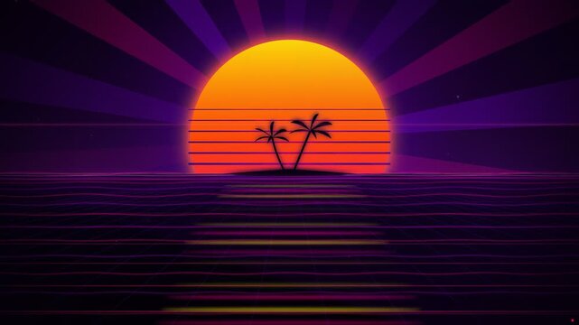 Retro sunset over the ocean with silhouette palm trees on a small island. The sky is a gradient of purple and orange, with sun rays fanning out