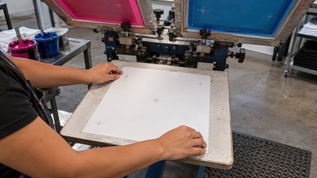 Printer aligns cross shaped registration marks on a paper test sheet beneath raised screens to check a two color press setup before garment screen printing begins