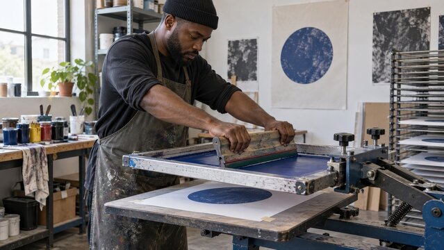 Printer works a squeegee across an inked mesh frame above a circular test print held flat on the platen while checking a manual screen printing setup before a garment production batch