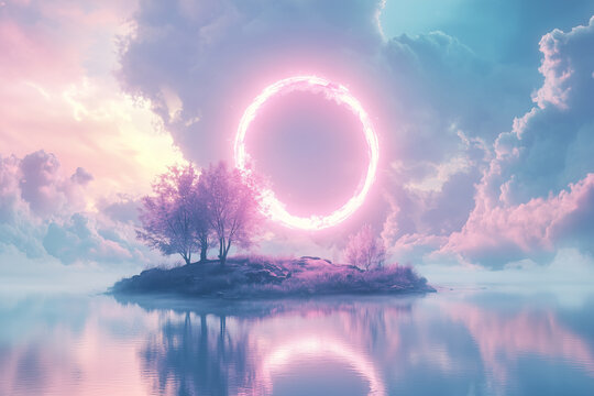Art theme expressed through neon ring sun abstract and mesmerizing. Water surface illustration presenting sunset and phantasmagoric. Accents include forest, dream, red, sunshine and shiny.