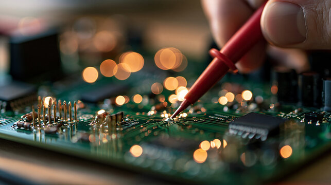 Macro photography concept red multimeter probe touching a solder joint on a green printed circuit board fine detail close up bright clean studio background soft even lighting