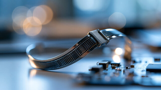 Flexible electronic connector concept close up of a bendable ribbon cable connector on a workbench bright clean workshop background soft even lighting precision electronics