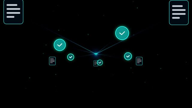Digital data synchronization network with glowing checkmarks and document abstract tech background connection