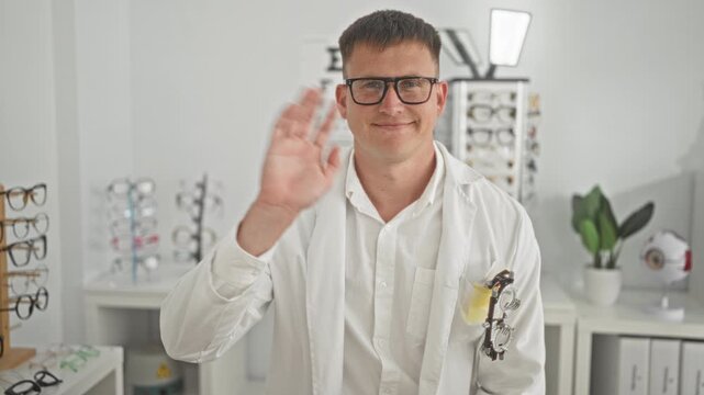 Man optician wearing glasses waves hand holding trial frame with lenses visible in clinic building; welcoming service.