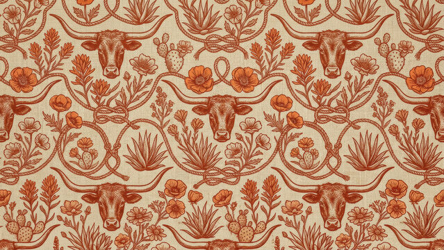 Seamless Texas Longhorn Pattern with Lasso Rope and Desert Wildflowers, Western Illustration on Tan Background