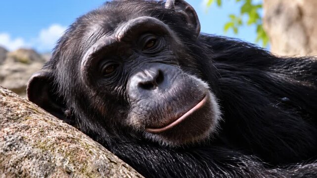 Close-up portrait of a chimpanzee resting on a rock outdoors in bright natural light, highlighting wildlife, biodiversity, animal behavior, conservation, nature, and habitat themes.