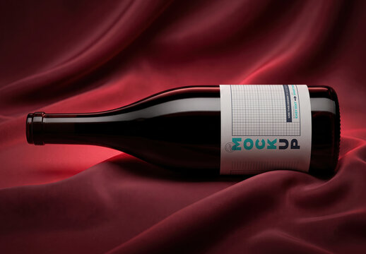 Wine Bottle on Red Velvet Fabric Label Mockup