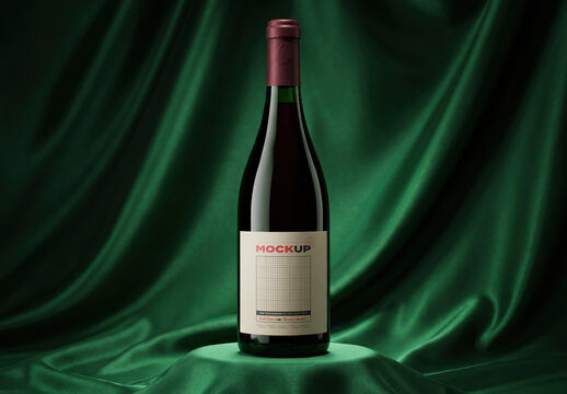 Wine Bottle on Satin Fabric Label Mockup