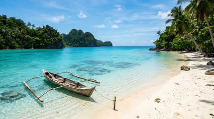 Fototapeta premium Tropical beach with boat, palm trees, and clear turquoise water