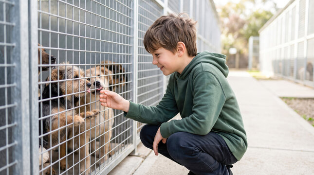 A young boy crouching on a paved path at an animal shelter reaches out his hand to feed a small dog through the wires of its enclosure while other