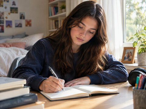 Focused teenage girl writing in notebook at desk, student studying in cozy bedroom, young woman journaling in diary with natural sunlight
