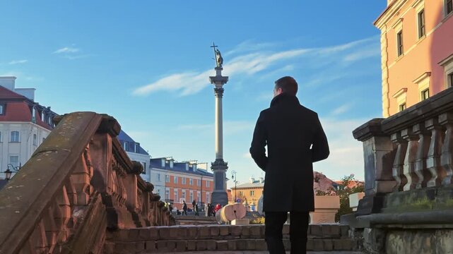 Tourist Photographing Sigismund's Column from Historic Stairs, Warsaw