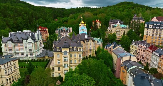 Aerial view of a beautiful forest city featuring incredibly fairytale, like architecture and thermal springs with healing water, Karlovy Vary, Czech Republic