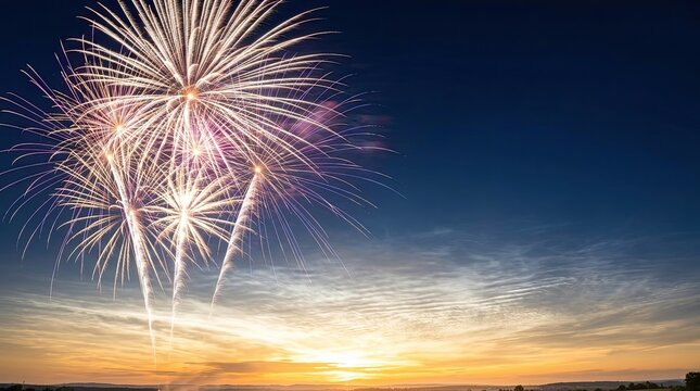 Colorful fireworks exploding brightly in twilight sky with sunset horizon with fireworks bursts vibrant trails against twilight sky fading sunlight sky illumination colorful lights twilight scene