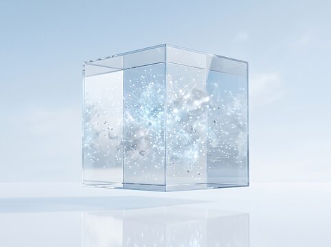 Glass cube with glowing particles inside
