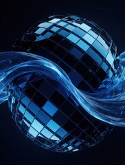 Fototapeta premium Abstract blue sphere with geometric mosaic pattern. Shiny glass tiles form disco ball shape. Translucent liquid waves swirl around orb in dark space. Modern digital art design for tech background