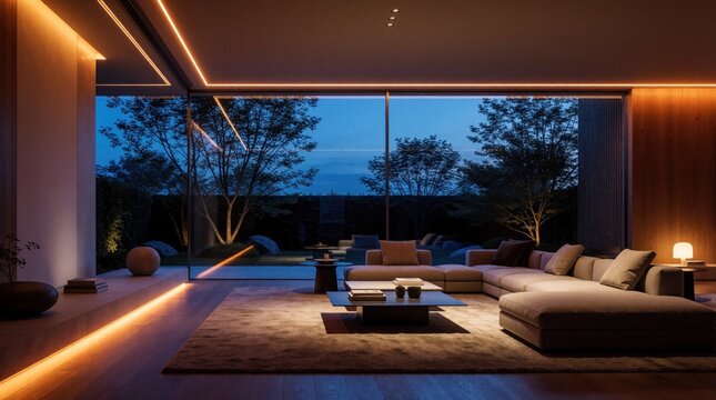 Modern living room with large glass wall overlooking garden at night. Sleek furniture, ambient orange LED lighting create luxurious atmosphere. Outdoor space visible with subtle garden illumination.