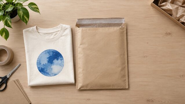 Folded cream shirt with a blue circle lies beside an open blank paper mailer on a clean screen printing packing table before an individual order is prepared for shipment