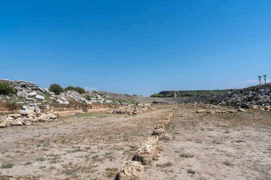 Horseshoe-shaped stadium with seating capacity in Perga or Perge or Parha is ancient Lycian settlement, Greek city in Pamphylia, Roman province of Pamphylia Secunda, Aksu, Antalya, Turkey or Turkiye