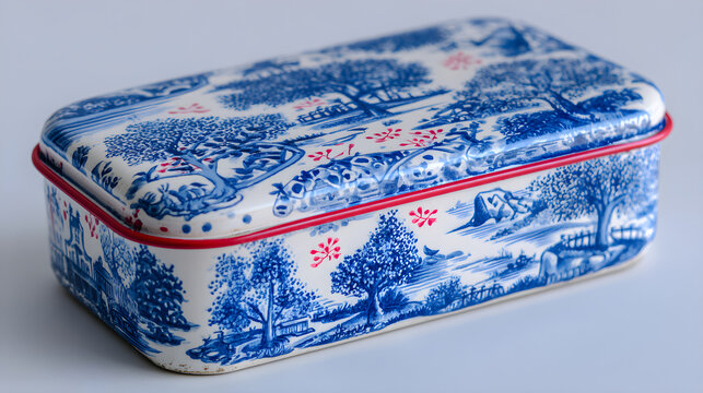 Retro Rectangular Biscuit Tin Canister Featuring Classic Blue Toile De Jouy Rural Forest Landscape Print and Red Border on Neutral Background