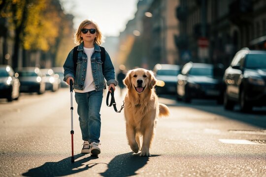 Blind young child walks with golden retriever guide dog on urban street. Little boy uses white cane, sunglasses for navigation. Loyal service animal leads kid through city traffic. Concept of