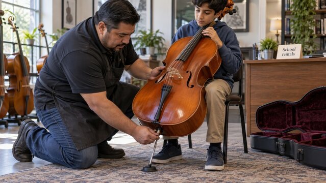 School instrument rental specialist adjusts a cello endpin lock while a seated student steadies the neck with the tip resting on a rubber floor stop beside the fitted case