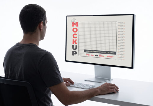Person at Minimalist Computer Working Monitor Screen Mockup