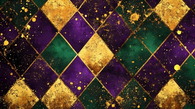 Mardi Gras carnival grunge background with purple, green and gold harlequin diamond texture and gold splatter