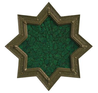 Bronze octagram frame featuring musical score engravings around vibrant green malachite mosaic canvas for artistic design