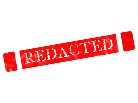 A rectangular red stamp with the word redacted written in white distressed letters, isolated on a black background, for document security purposes isolated on a transparent background