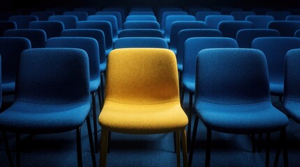 Fototapeta premium One bright yellow chair stands out in a dark room filled with many blue seats. This empty auditorium seating arrangement highlights uniqueness and standing apart from the crowd.