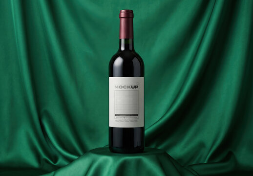 Wine Bottle Label Mockup on Green Satin Fabric