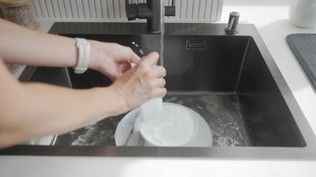 Woman rinses white bowl under running water while other dishes sit in kitchen sink. Washing tableware after use as part of everyday kitchen cleanup