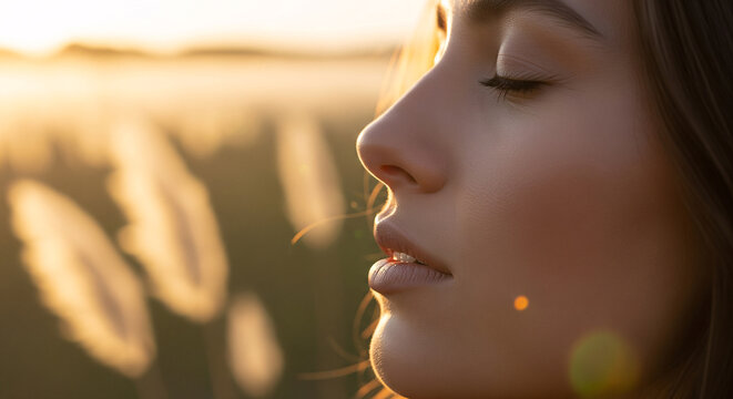 Close Up Profile Portrait of a Beautiful Serene Woman with Closed Eyes Breathing Fresh Air. Peaceful Female Face Bathed in Golden Hour Sunlight with Blurred Pampas Grass Nature Field Background.