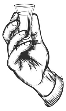 Vodka shot in male hand engraving. Drink drawing