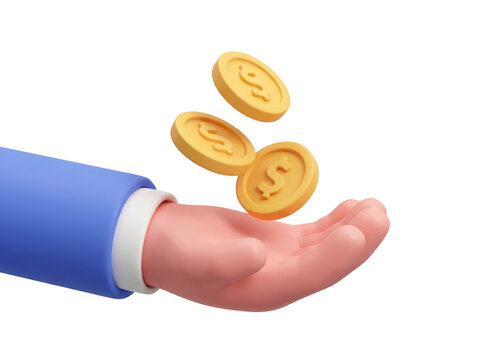 3d render of a business hand catching falling gold dollar coins for financial investment concept. isolated on transparent background, png