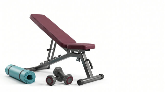 Home gym setup with adjustable bench, weights, and yoga mat  