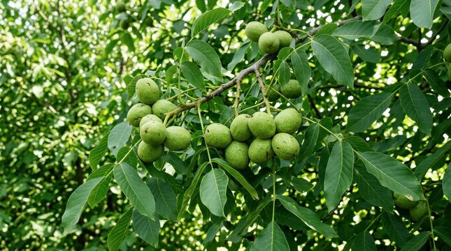 Green walnuts hang from a tree branch. Leaves shimmer in natural sunlight. Branches curve gently with fruit. Tree thrives in a leafy forest. Nature's abundance in quiet stillness