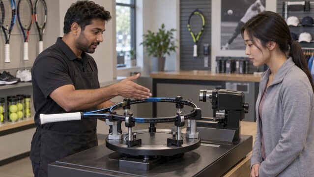 Tennis stringer explains an empty racket mounted on a six point turntable while the customer studies the supported hoop before replacement strings are installed at the pro shop machine station